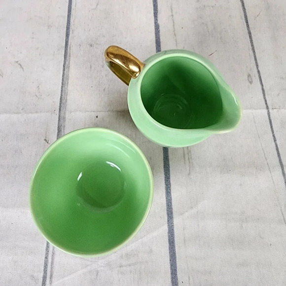 Vintage 1940s Biltons Open  Sugar and Creamer Set England Pistachio Green Gold - Picture 2 of 16